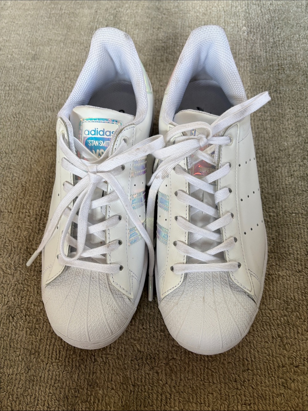 Adidas Women’s Stan Smith VS Superstar White Sneakers with Iridescent Stripes